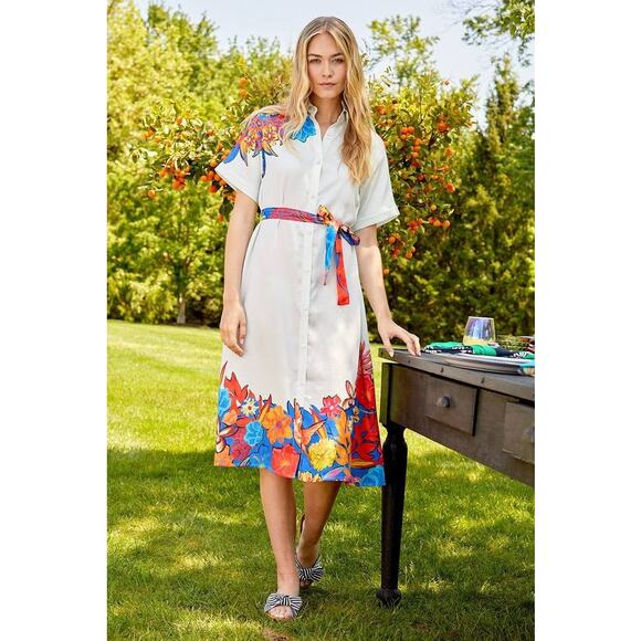 Tucker Sarah Shirt Dress Grecian Garden Cream Floral Belted Lined XS XSmall NEW - Picture 2 of 3